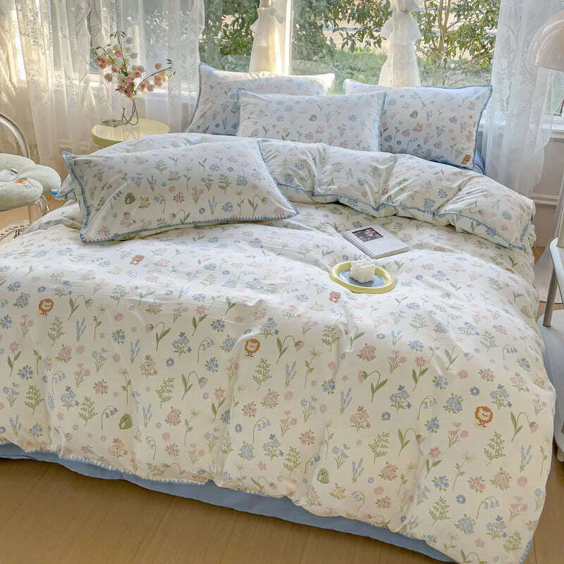 Pastoral Girls Flower Bedding Sets, Washed Cotton Bed Linens, Soft Quilt Cover Sheet Set, Simple Bedspread, Home Textiles - KIMLUD