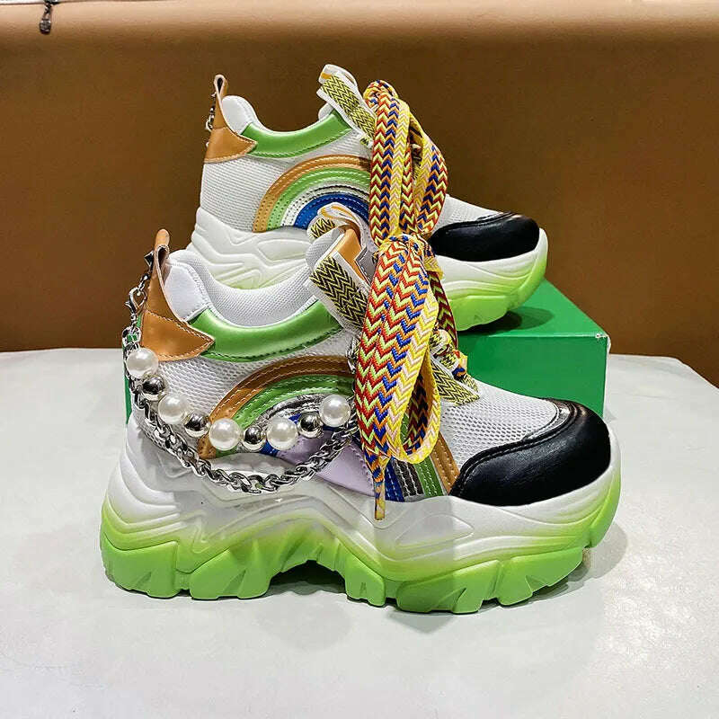 Patent Leather Ladies Casual Shoes Fashion String Bead Chain Girls Chunky Sneakers 8.5cm Heel Thick Sole Women&#39;s Platform Shoes - KIMLUD