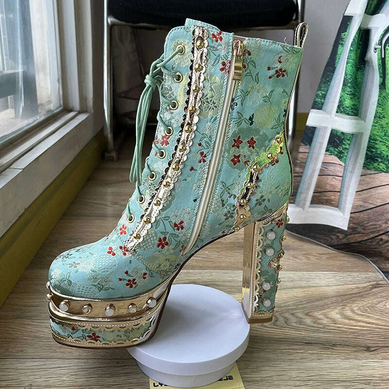 Pearl/Rhinestone Satins Short Boots Waterproof Platform Diamond Decoration Chelsea Short Boots Large 34-43 High Heel Women Shoes - KIMLUD