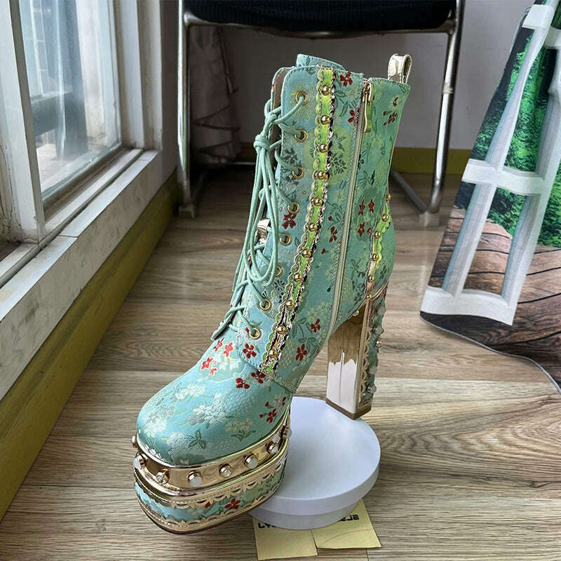 Pearl/Rhinestone Satins Short Boots Waterproof Platform Diamond Decoration Chelsea Short Boots Large 34-43 High Heel Women Shoes - KIMLUD