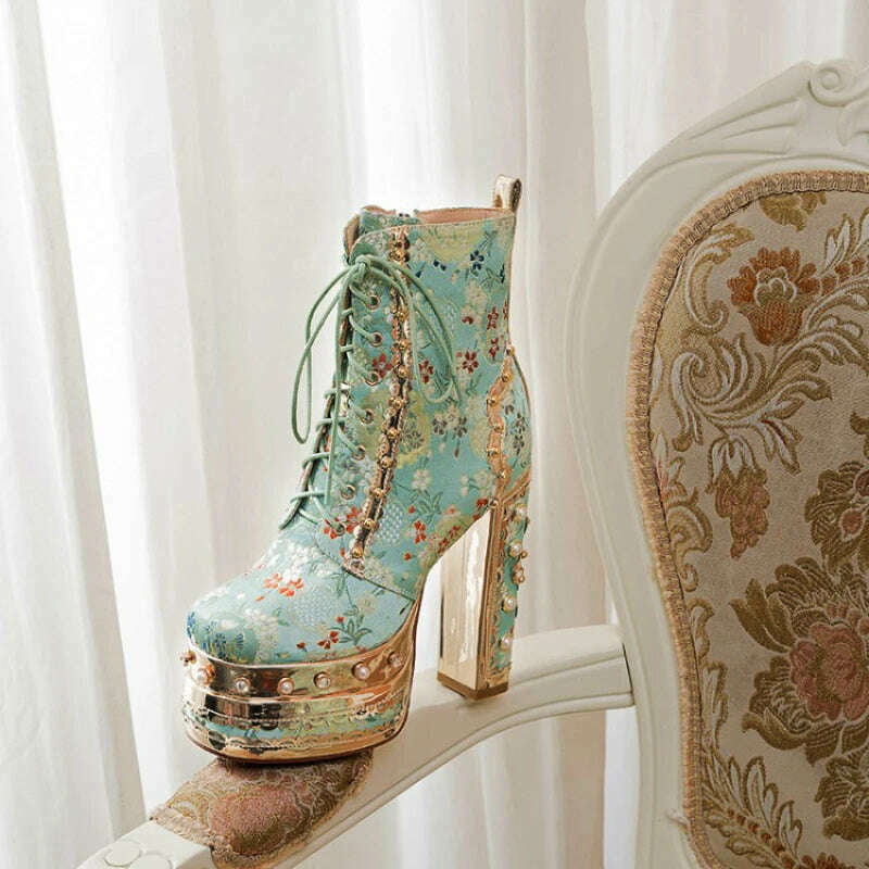 Pearl/Rhinestone Satins Short Boots Waterproof Platform Diamond Decoration Chelsea Short Boots Large 34-43 High Heel Women Shoes - KIMLUD