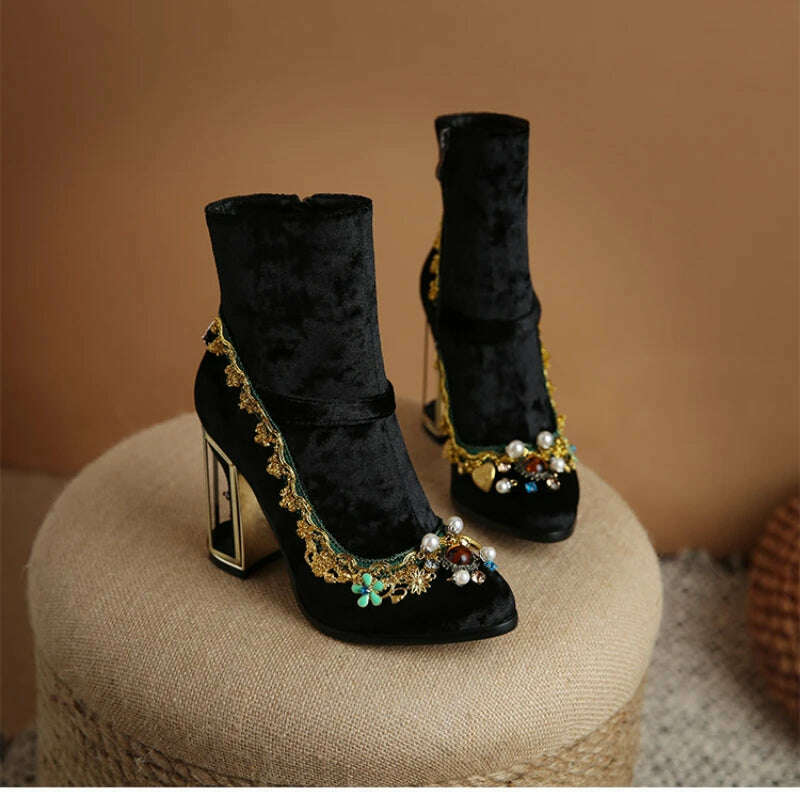 Pearl/Rhinestone Satins Short Boots Waterproof Platform Diamond Decoration Chelsea Short Boots Large 34-43 High Heel Women Shoes - KIMLUD