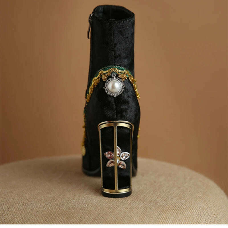 Pearl/Rhinestone Satins Short Boots Waterproof Platform Diamond Decoration Chelsea Short Boots Large 34-43 High Heel Women Shoes - KIMLUD