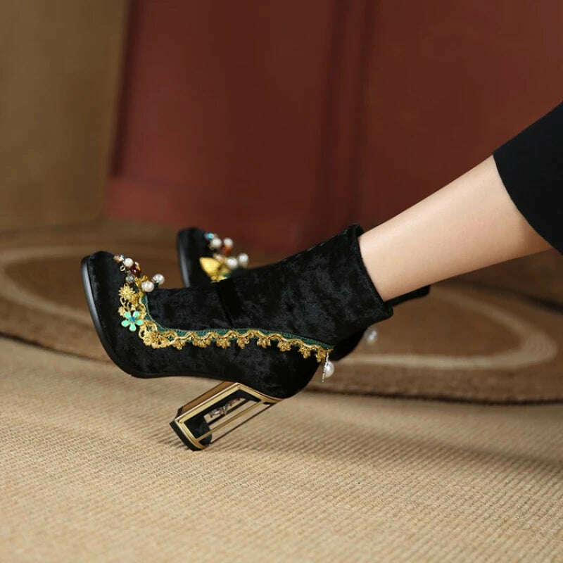 Pearl/Rhinestone Satins Short Boots Waterproof Platform Diamond Decoration Chelsea Short Boots Large 34-43 High Heel Women Shoes - KIMLUD