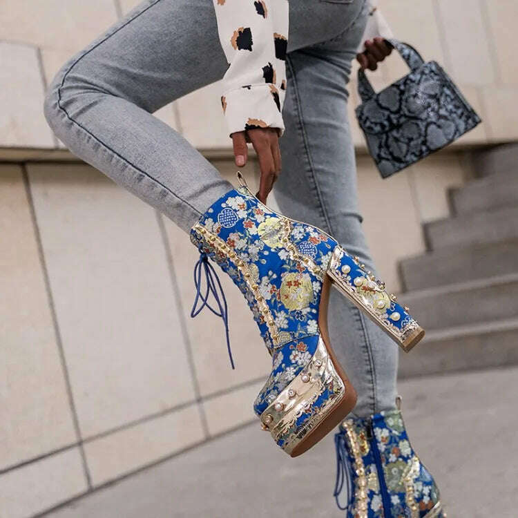 Pearl/Rhinestone Satins Short Boots Waterproof Platform Diamond Decoration Chelsea Short Boots Large 34-43 High Heel Women Shoes - KIMLUD