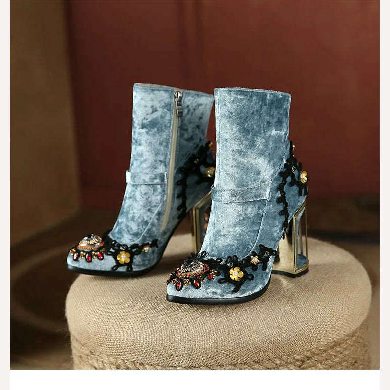 Pearl/Rhinestone Satins Short Boots Waterproof Platform Diamond Decoration Chelsea Short Boots Large 34-43 High Heel Women Shoes - KIMLUD