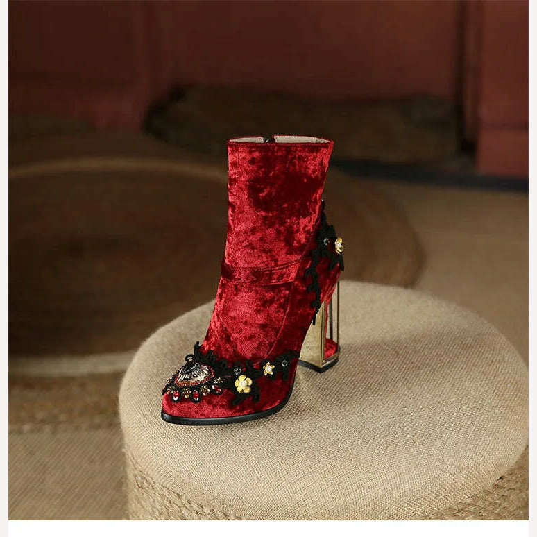 Pearl/Rhinestone Satins Short Boots Waterproof Platform Diamond Decoration Chelsea Short Boots Large 34-43 High Heel Women Shoes - KIMLUD