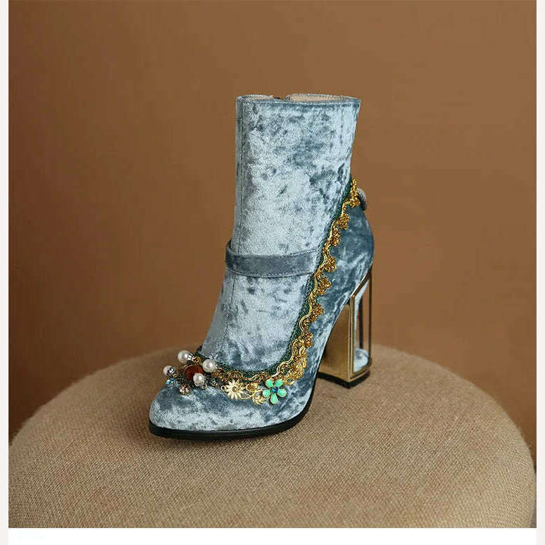 Pearl/Rhinestone Satins Short Boots Waterproof Platform Diamond Decoration Chelsea Short Boots Large 34-43 High Heel Women Shoes - KIMLUD