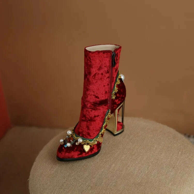Pearl/Rhinestone Satins Short Boots Waterproof Platform Diamond Decoration Chelsea Short Boots Large 34-43 High Heel Women Shoes - KIMLUD