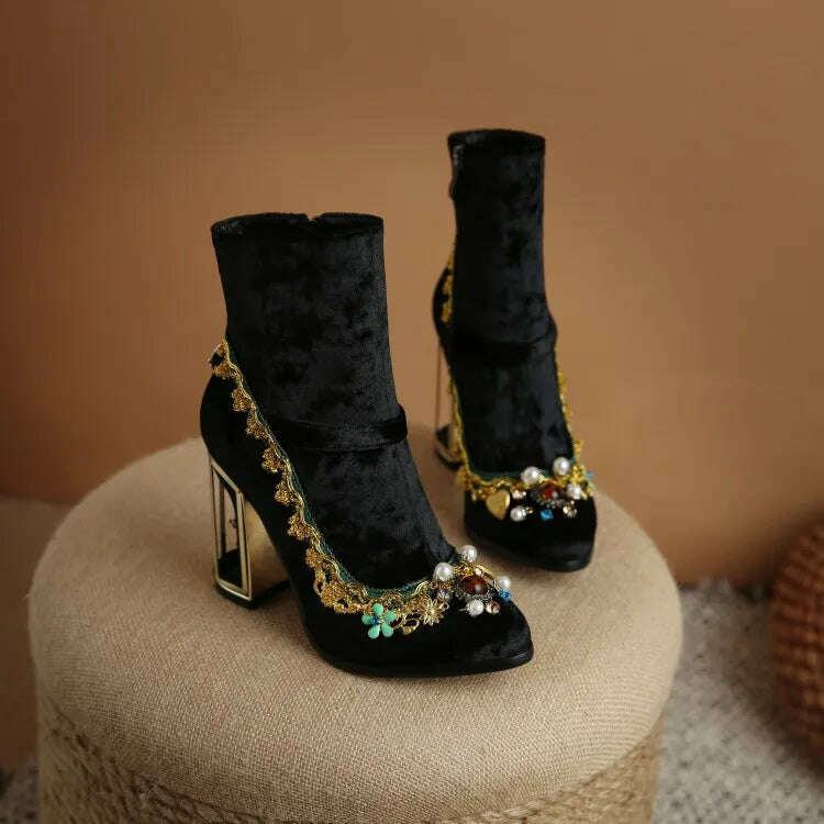 Pearl/Rhinestone Satins Short Boots Waterproof Platform Diamond Decoration Chelsea Short Boots Large 34-43 High Heel Women Shoes - KIMLUD