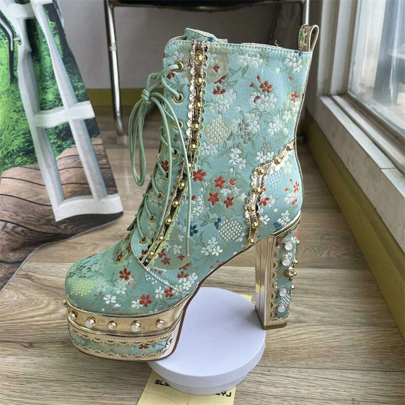 Pearl/Rhinestone Satins Short Boots Waterproof Platform Diamond Decoration Chelsea Short Boots Large 34-43 High Heel Women Shoes - KIMLUD