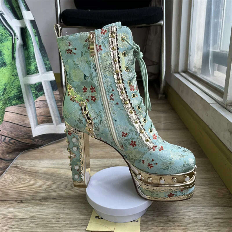 Pearl/Rhinestone Satins Short Boots Waterproof Platform Diamond Decoration Chelsea Short Boots Large 34-43 High Heel Women Shoes - KIMLUD