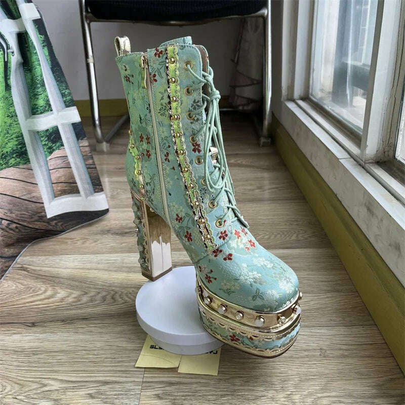 Pearl/Rhinestone Satins Short Boots Waterproof Platform Diamond Decoration Chelsea Short Boots Large 34-43 High Heel Women Shoes - KIMLUD