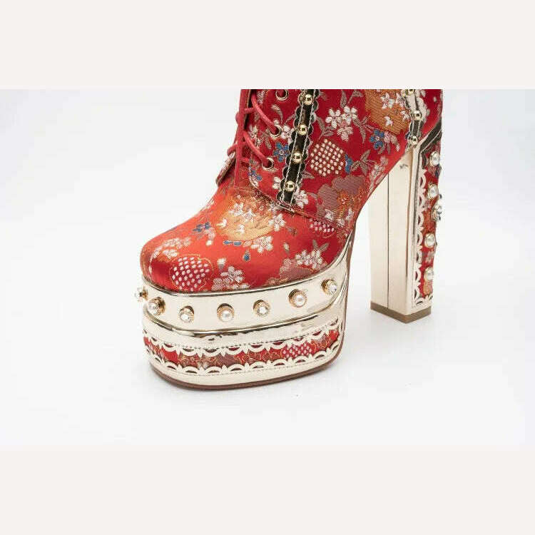 Pearl/Rhinestone Satins Short Boots Waterproof Platform Diamond Decoration Chelsea Short Boots Large 34-43 High Heel Women Shoes - KIMLUD