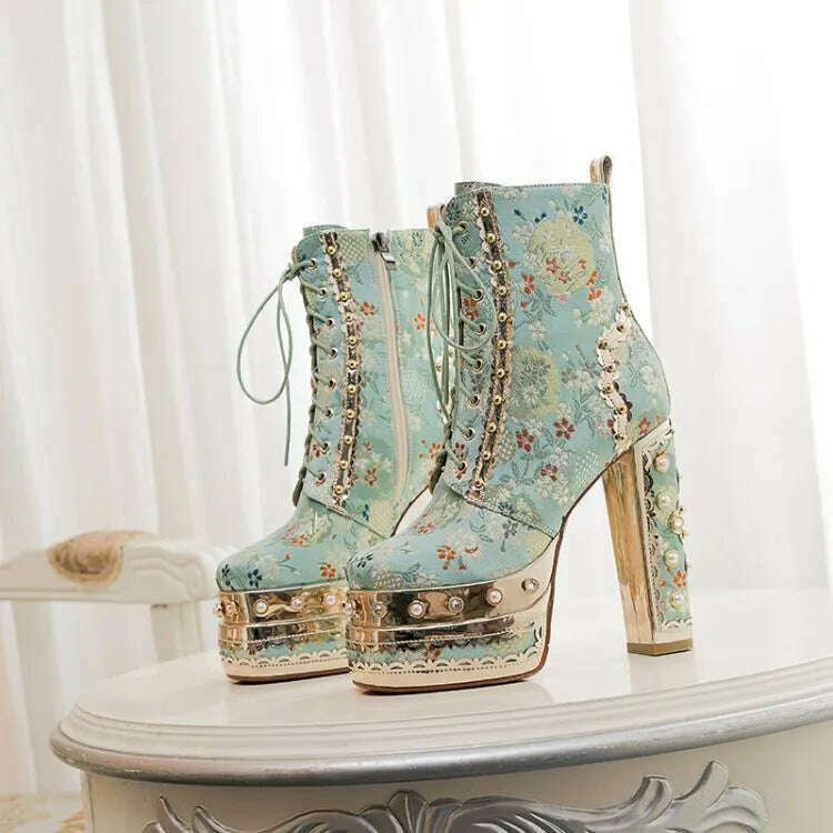 Pearl/Rhinestone Satins Short Boots Waterproof Platform Diamond Decoration Chelsea Short Boots Large 34-43 High Heel Women Shoes - KIMLUD