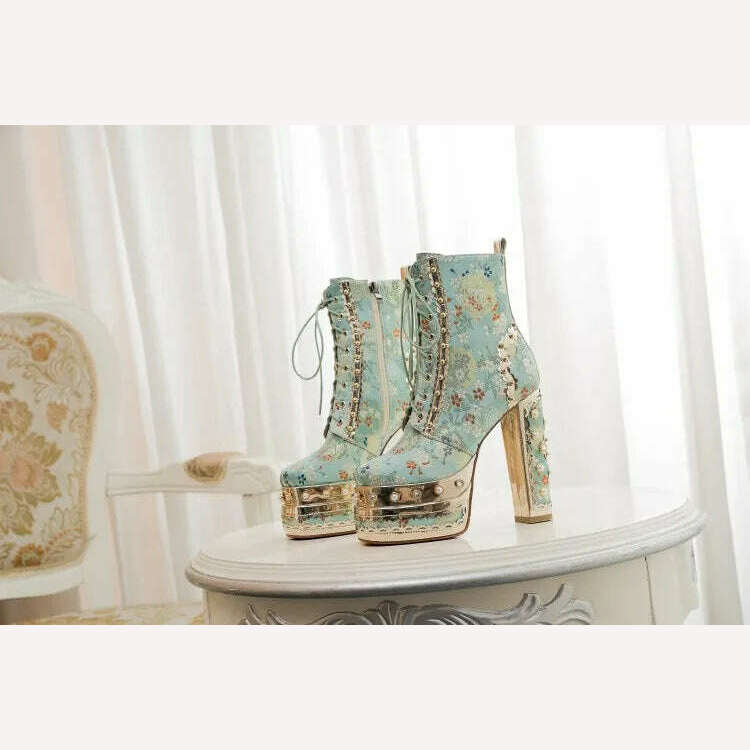 Pearl/Rhinestone Satins Short Boots Waterproof Platform Diamond Decoration Chelsea Short Boots Large 34-43 High Heel Women Shoes - KIMLUD