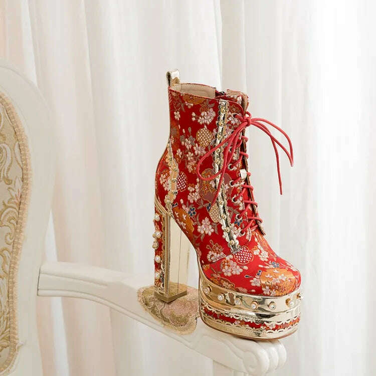 Pearl/Rhinestone Satins Short Boots Waterproof Platform Diamond Decoration Chelsea Short Boots Large 34-43 High Heel Women Shoes - KIMLUD