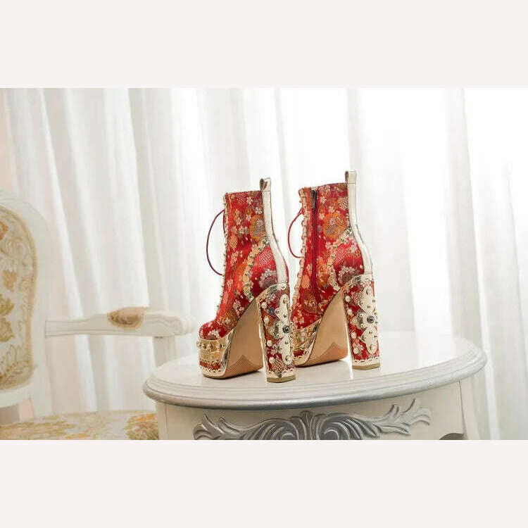 Pearl/Rhinestone Satins Short Boots Waterproof Platform Diamond Decoration Chelsea Short Boots Large 34-43 High Heel Women Shoes - KIMLUD