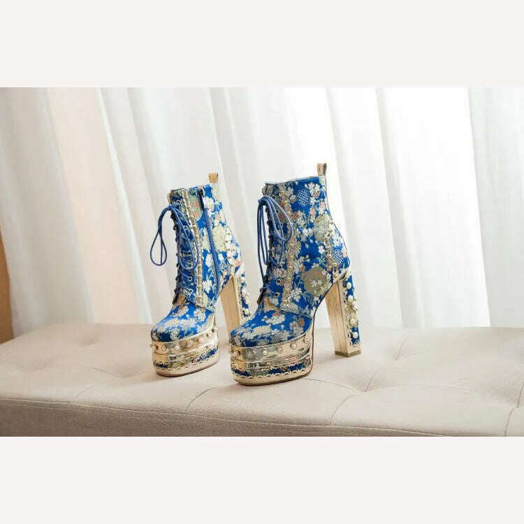 Pearl/Rhinestone Satins Short Boots Waterproof Platform Diamond Decoration Chelsea Short Boots Large 34-43 High Heel Women Shoes - KIMLUD