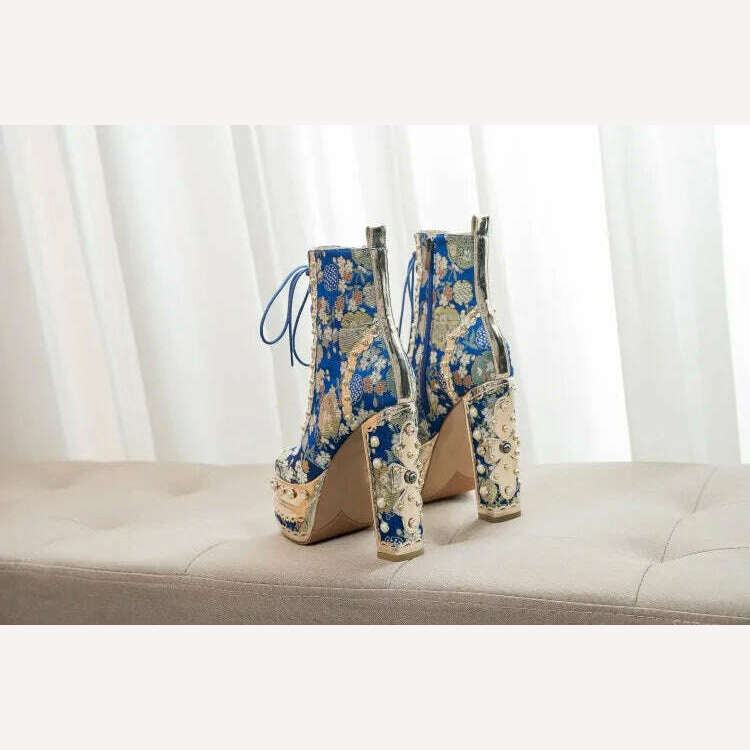 Pearl/Rhinestone Satins Short Boots Waterproof Platform Diamond Decoration Chelsea Short Boots Large 34-43 High Heel Women Shoes - KIMLUD
