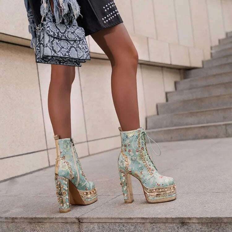 Pearl/Rhinestone Satins Short Boots Waterproof Platform Diamond Decoration Chelsea Short Boots Large 34-43 High Heel Women Shoes - KIMLUD