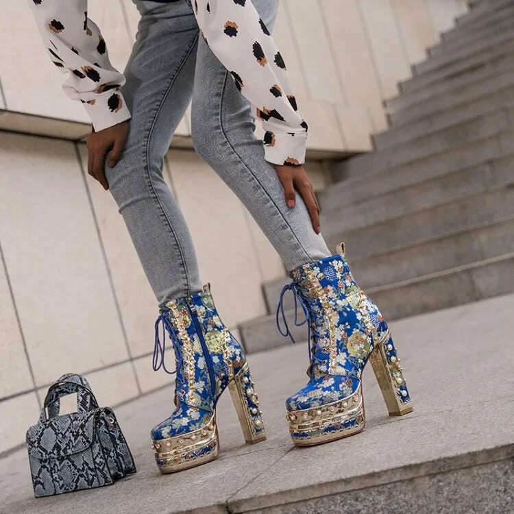 Pearl/Rhinestone Satins Short Boots Waterproof Platform Diamond Decoration Chelsea Short Boots Large 34-43 High Heel Women Shoes - KIMLUD