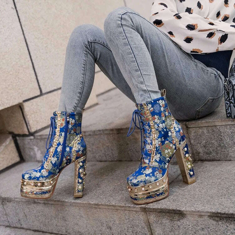 Pearl/Rhinestone Satins Short Boots Waterproof Platform Diamond Decoration Chelsea Short Boots Large 34-43 High Heel Women Shoes - KIMLUD
