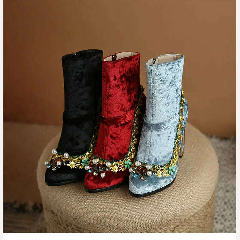 Pearl/Rhinestone Satins Short Boots Waterproof Platform Diamond Decoration Chelsea Short Boots Large 34-43 High Heel Women Shoes - KIMLUD