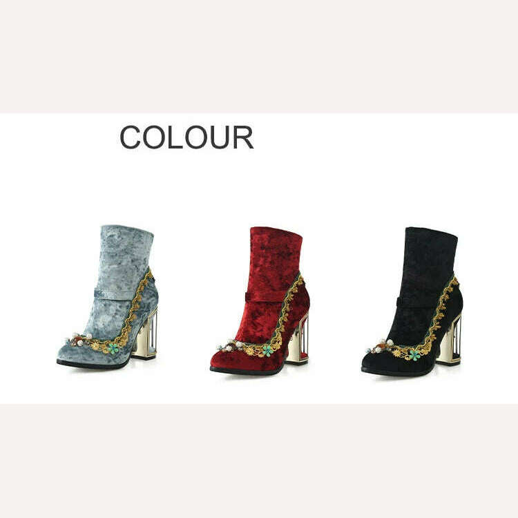 Pearl/Rhinestone Satins Short Boots Waterproof Platform Diamond Decoration Chelsea Short Boots Large 34-43 High Heel Women Shoes - KIMLUD