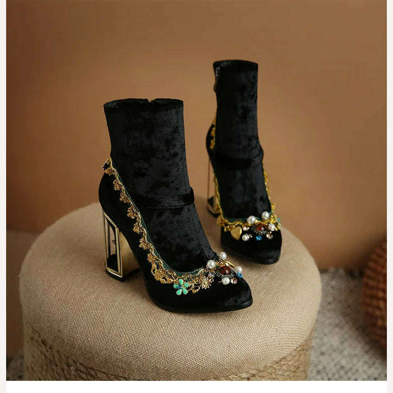 Pearl/Rhinestone Satins Short Boots Waterproof Platform Diamond Decoration Chelsea Short Boots Large 34-43 High Heel Women Shoes - KIMLUD