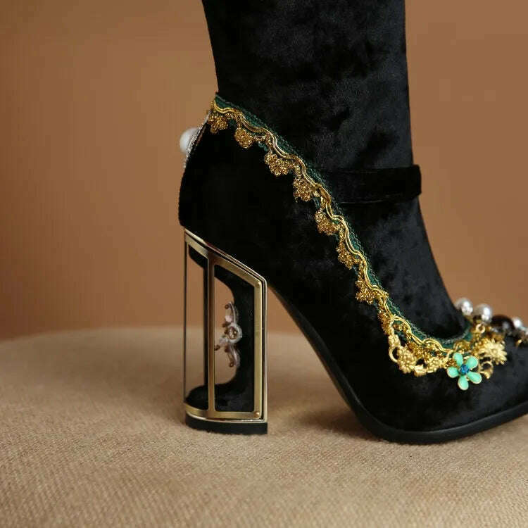 Pearl/Rhinestone Satins Short Boots Waterproof Platform Diamond Decoration Chelsea Short Boots Large 34-43 High Heel Women Shoes - KIMLUD