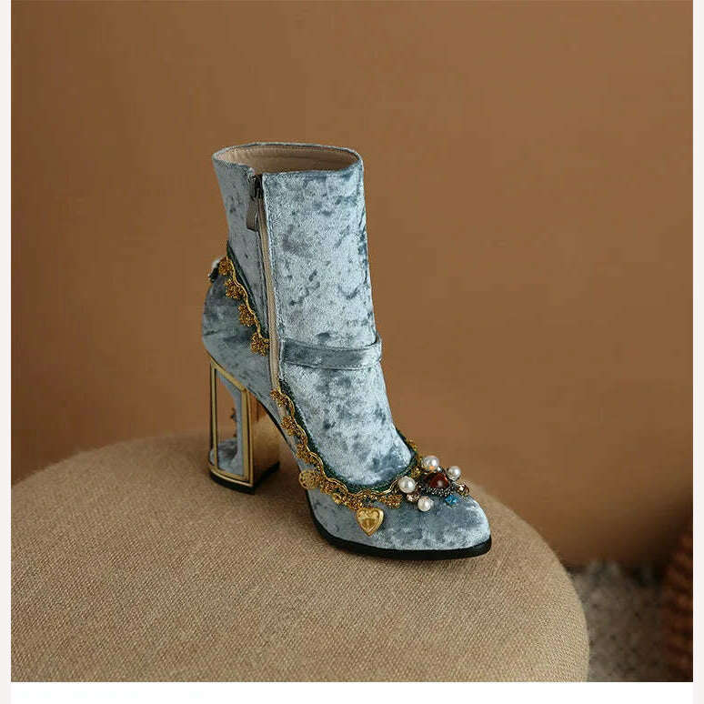 Pearl/Rhinestone Satins Short Boots Waterproof Platform Diamond Decoration Chelsea Short Boots Large 34-43 High Heel Women Shoes - KIMLUD
