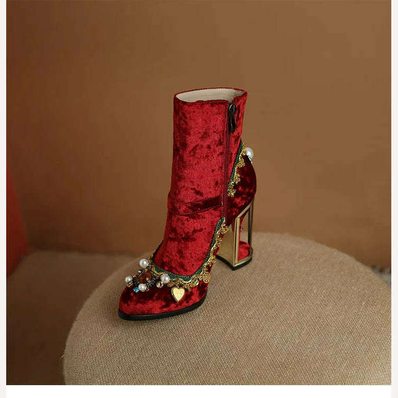 Pearl/Rhinestone Satins Short Boots Waterproof Platform Diamond Decoration Chelsea Short Boots Large 34-43 High Heel Women Shoes - KIMLUD