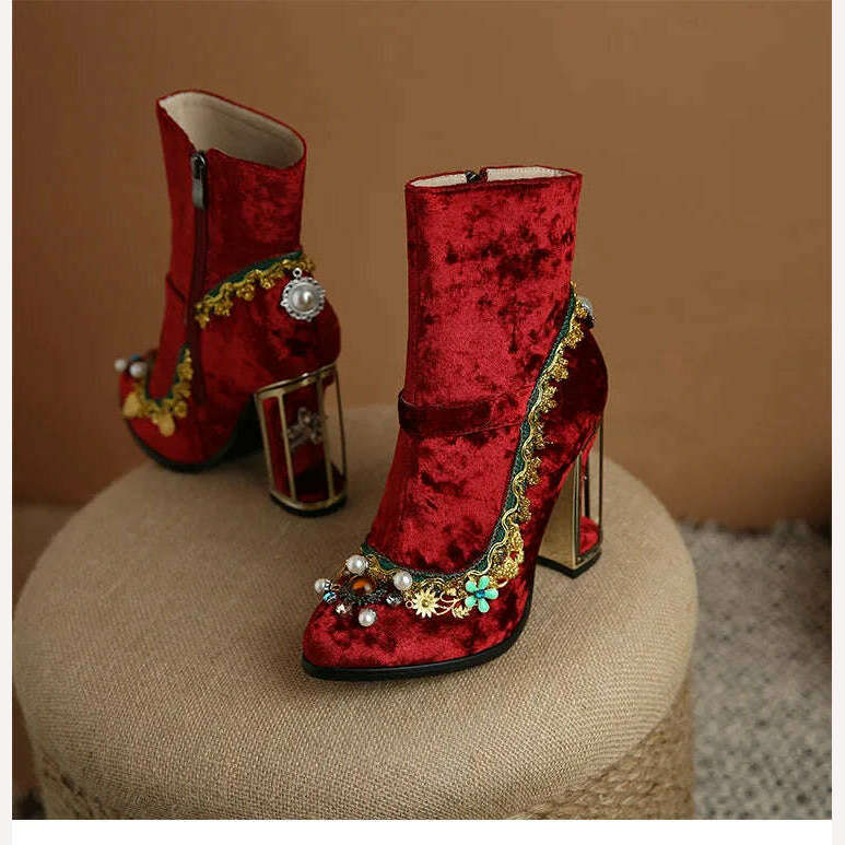 Pearl/Rhinestone Satins Short Boots Waterproof Platform Diamond Decoration Chelsea Short Boots Large 34-43 High Heel Women Shoes - KIMLUD