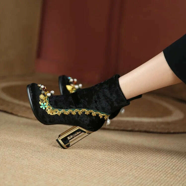 Pearl/Rhinestone Satins Short Boots Waterproof Platform Diamond Decoration Chelsea Short Boots Large 34-43 High Heel Women Shoes - KIMLUD