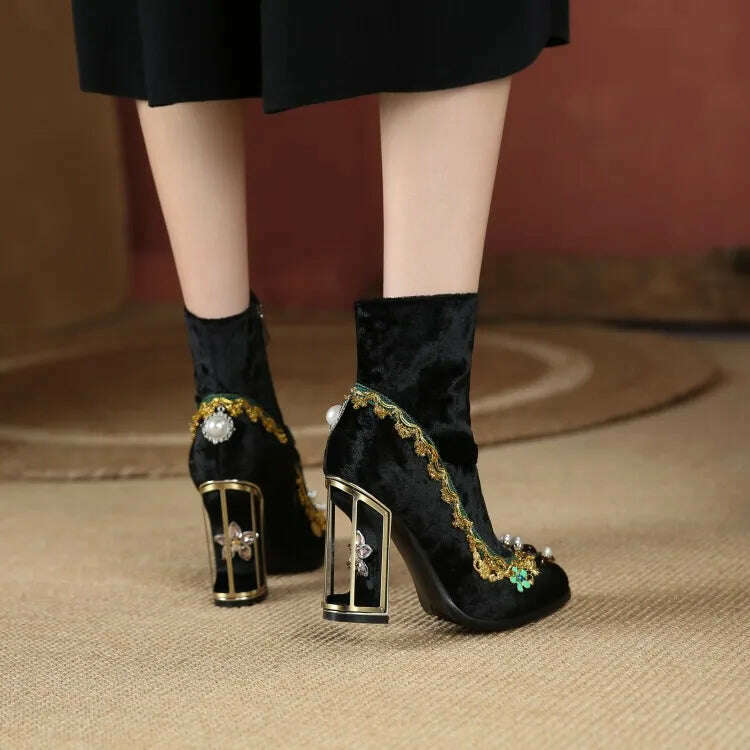 Pearl/Rhinestone Satins Short Boots Waterproof Platform Diamond Decoration Chelsea Short Boots Large 34-43 High Heel Women Shoes - KIMLUD