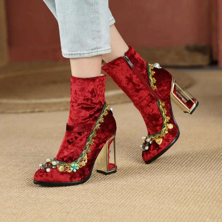 Pearl/Rhinestone Satins Short Boots Waterproof Platform Diamond Decoration Chelsea Short Boots Large 34-43 High Heel Women Shoes - KIMLUD