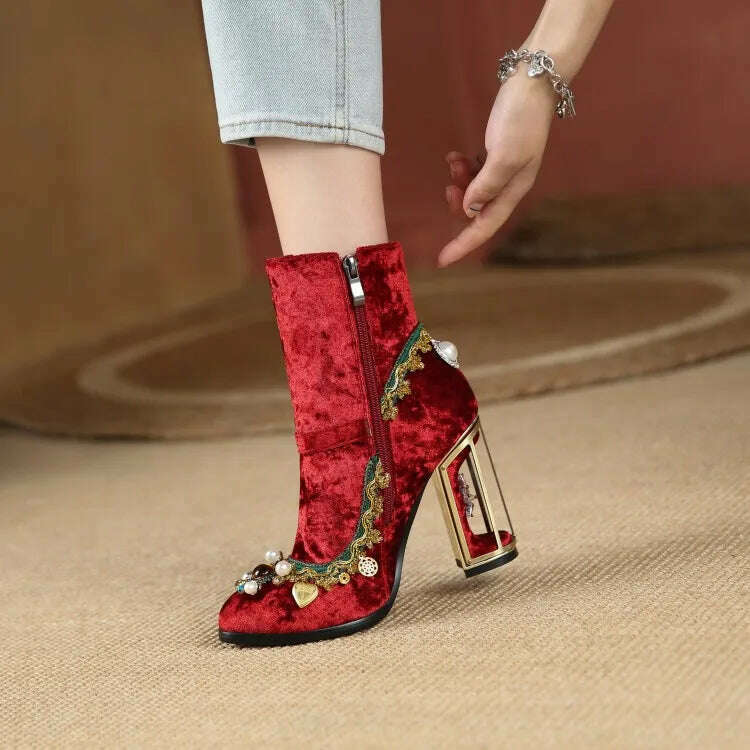 Pearl/Rhinestone Satins Short Boots Waterproof Platform Diamond Decoration Chelsea Short Boots Large 34-43 High Heel Women Shoes - KIMLUD