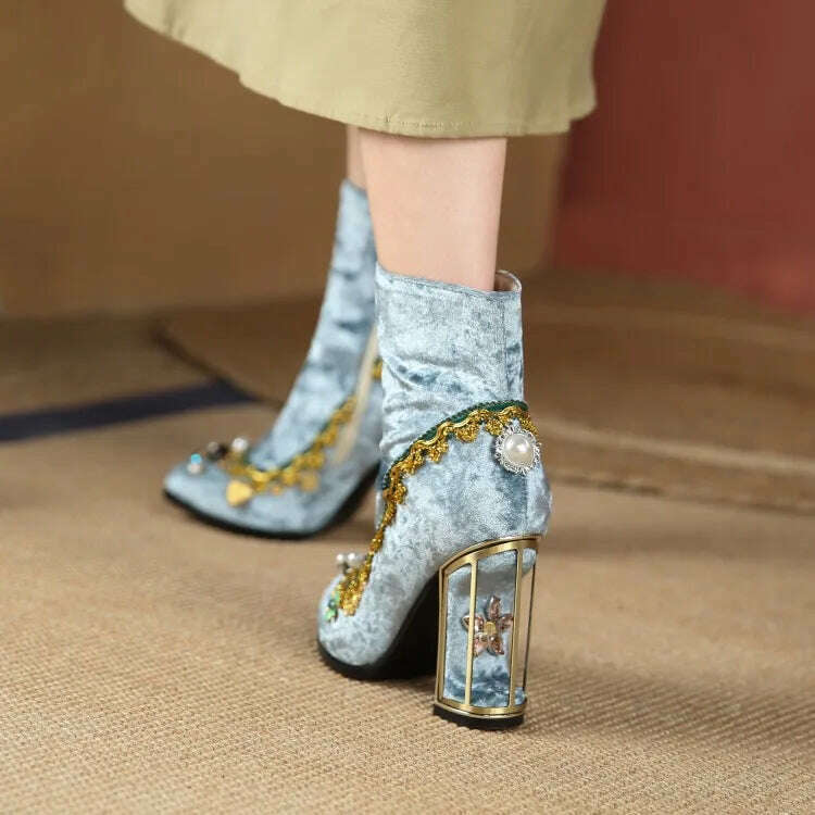 Pearl/Rhinestone Satins Short Boots Waterproof Platform Diamond Decoration Chelsea Short Boots Large 34-43 High Heel Women Shoes - KIMLUD
