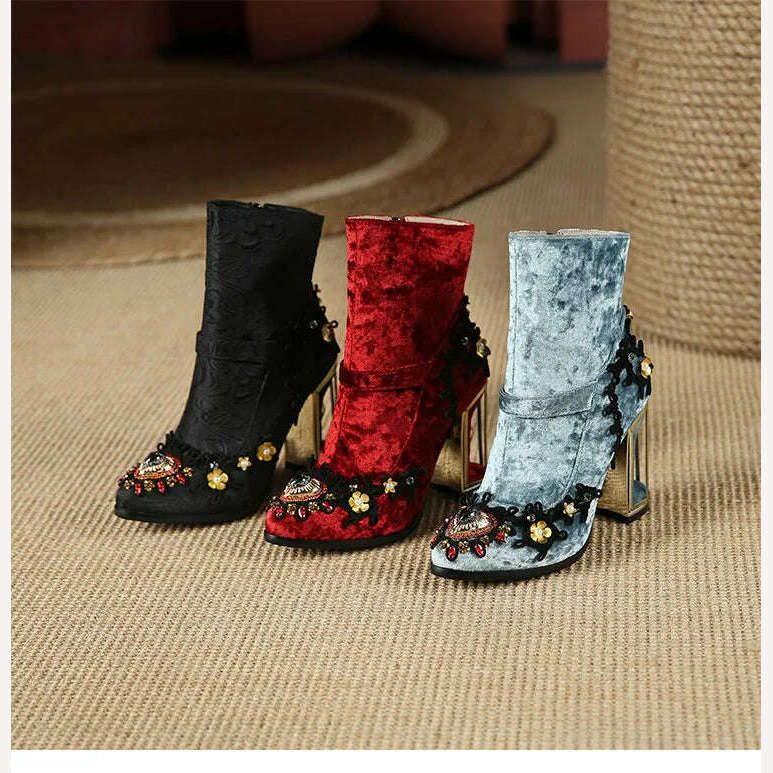 Pearl/Rhinestone Satins Short Boots Waterproof Platform Diamond Decoration Chelsea Short Boots Large 34-43 High Heel Women Shoes - KIMLUD