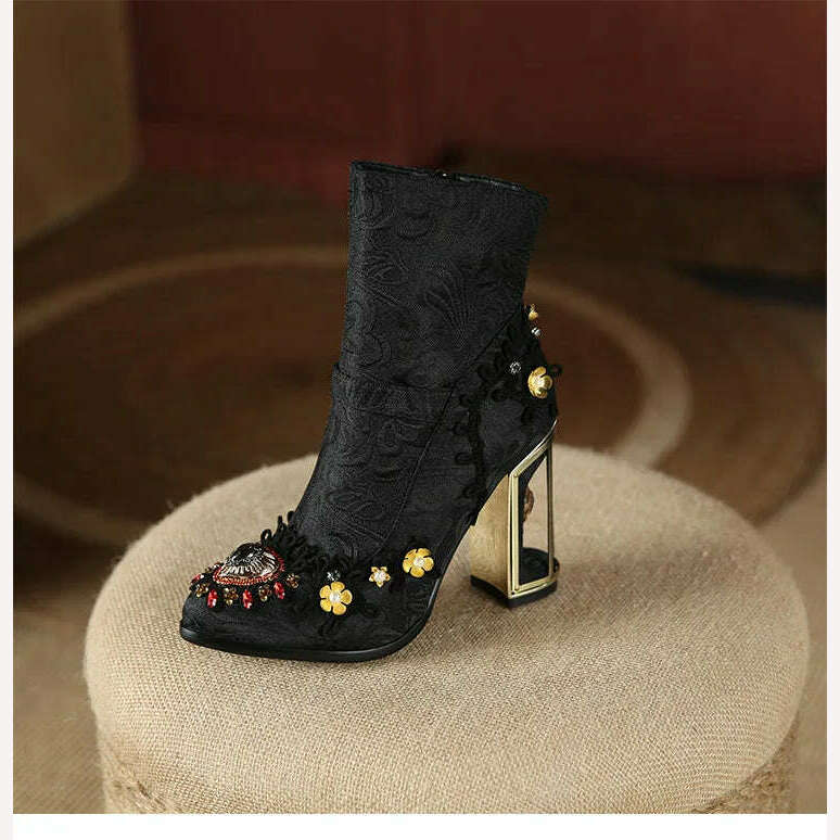 Pearl/Rhinestone Satins Short Boots Waterproof Platform Diamond Decoration Chelsea Short Boots Large 34-43 High Heel Women Shoes - KIMLUD