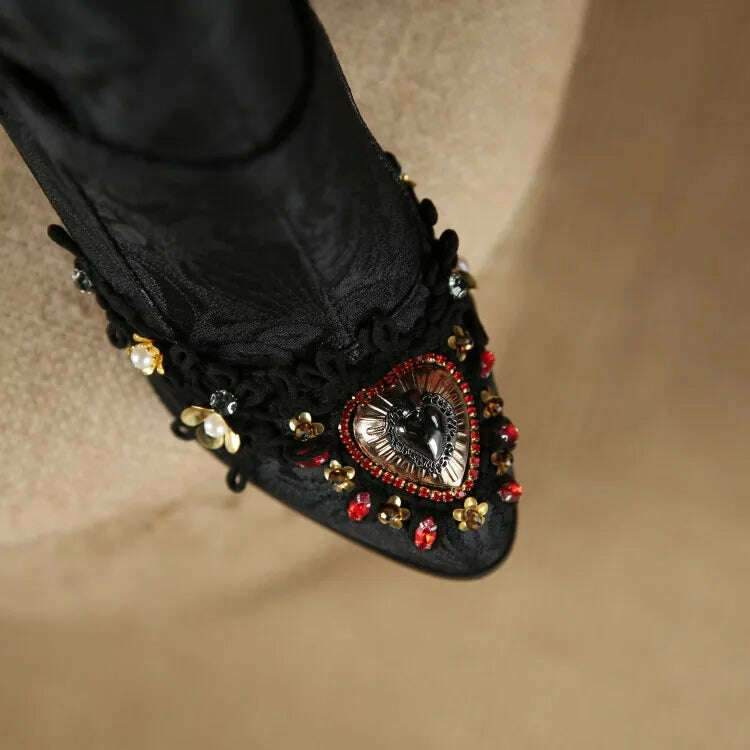 Pearl/Rhinestone Satins Short Boots Waterproof Platform Diamond Decoration Chelsea Short Boots Large 34-43 High Heel Women Shoes - KIMLUD