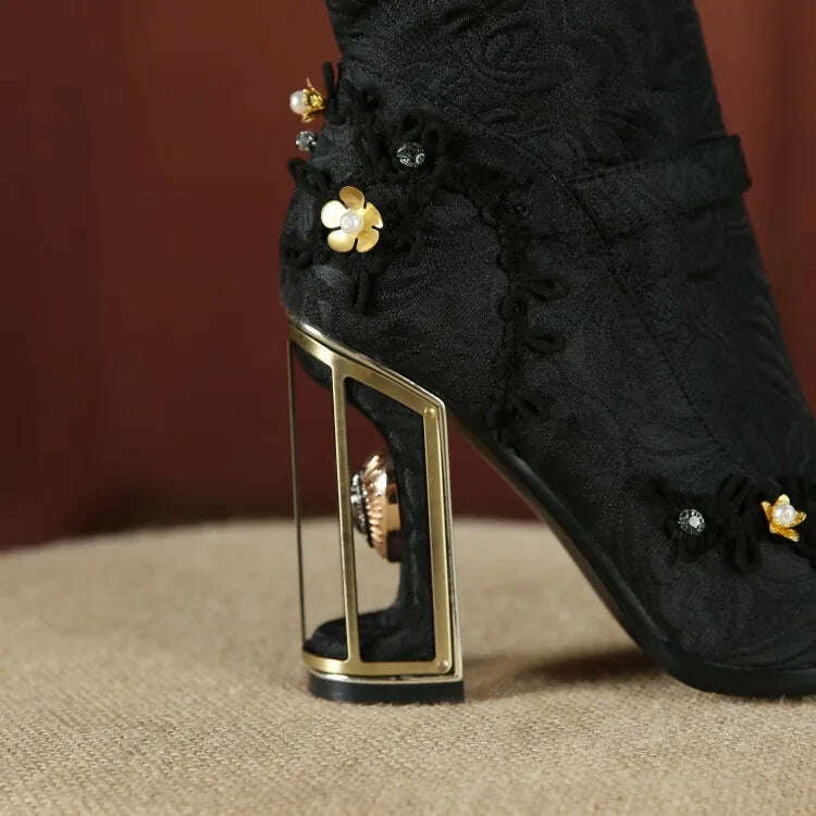Pearl/Rhinestone Satins Short Boots Waterproof Platform Diamond Decoration Chelsea Short Boots Large 34-43 High Heel Women Shoes - KIMLUD
