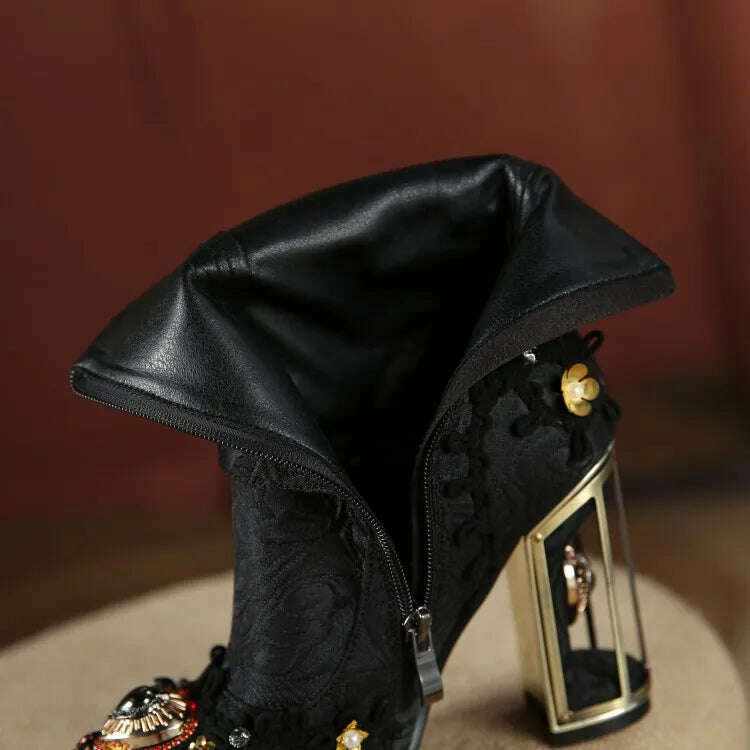 Pearl/Rhinestone Satins Short Boots Waterproof Platform Diamond Decoration Chelsea Short Boots Large 34-43 High Heel Women Shoes - KIMLUD