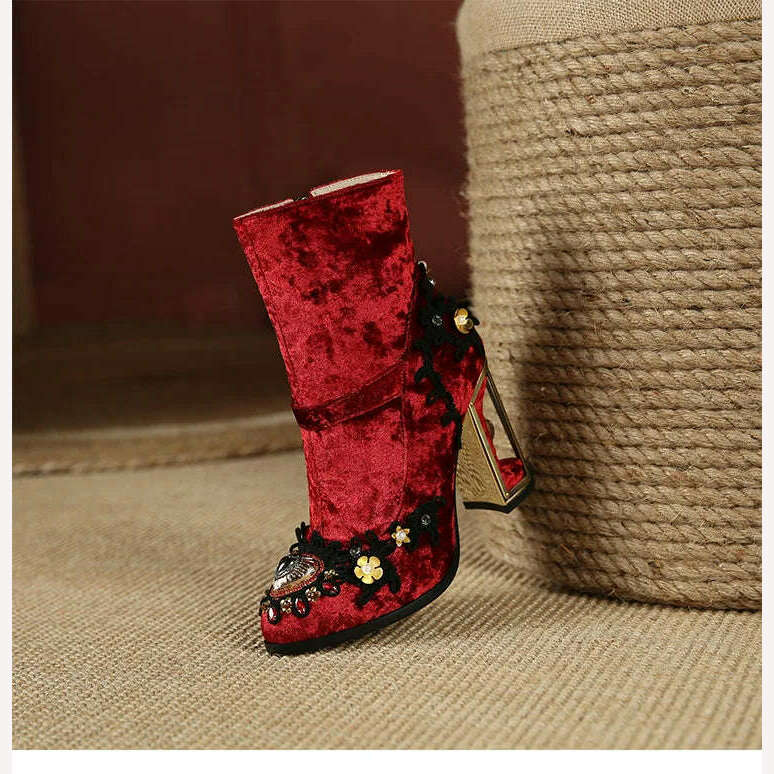 Pearl/Rhinestone Satins Short Boots Waterproof Platform Diamond Decoration Chelsea Short Boots Large 34-43 High Heel Women Shoes - KIMLUD