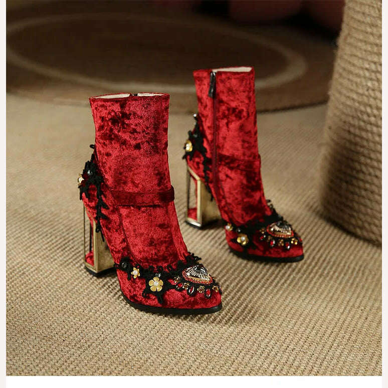 Pearl/Rhinestone Satins Short Boots Waterproof Platform Diamond Decoration Chelsea Short Boots Large 34-43 High Heel Women Shoes - KIMLUD