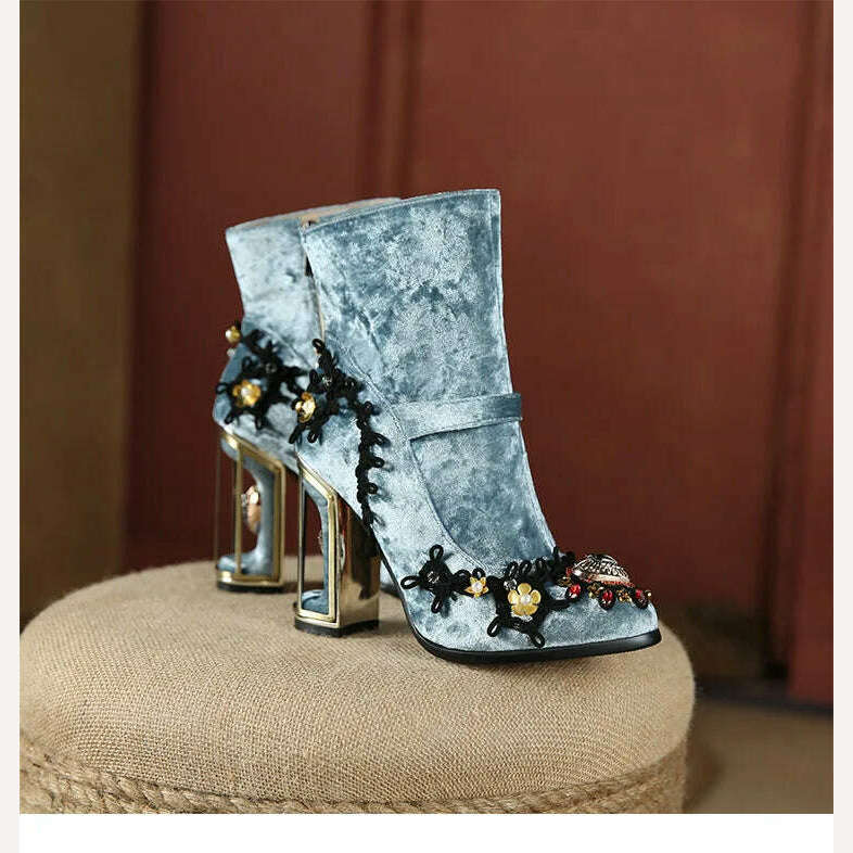 Pearl/Rhinestone Satins Short Boots Waterproof Platform Diamond Decoration Chelsea Short Boots Large 34-43 High Heel Women Shoes - KIMLUD
