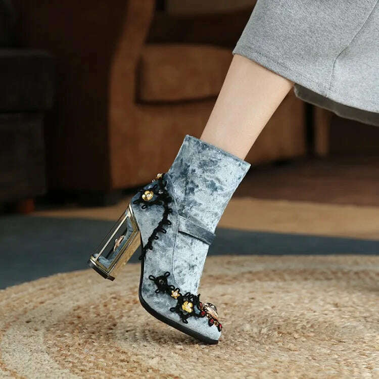 Pearl/Rhinestone Satins Short Boots Waterproof Platform Diamond Decoration Chelsea Short Boots Large 34-43 High Heel Women Shoes - KIMLUD