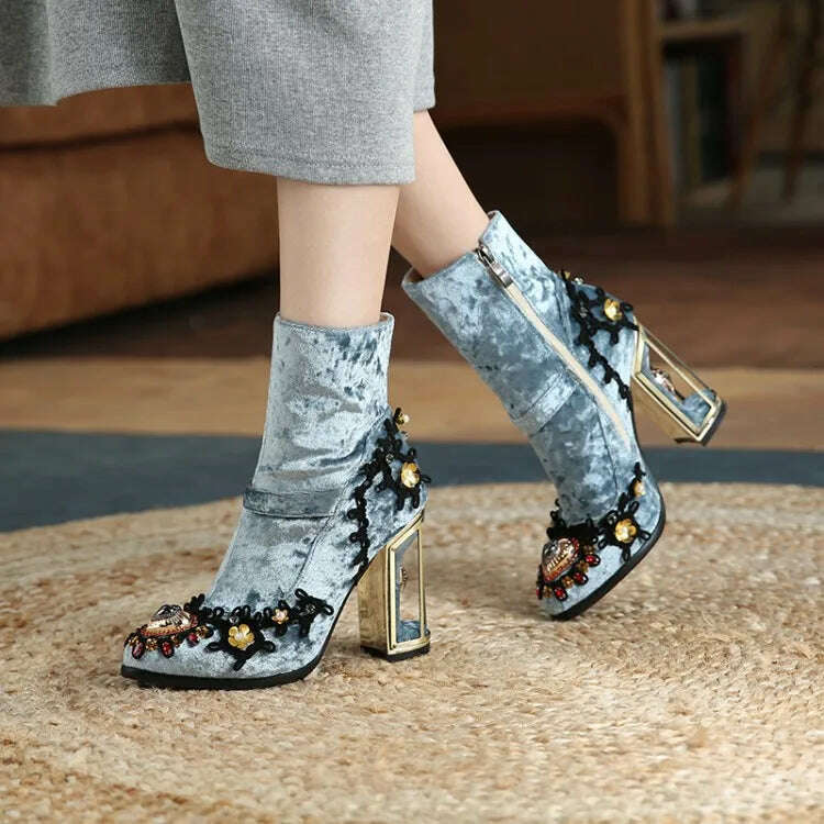 Pearl/Rhinestone Satins Short Boots Waterproof Platform Diamond Decoration Chelsea Short Boots Large 34-43 High Heel Women Shoes - KIMLUD