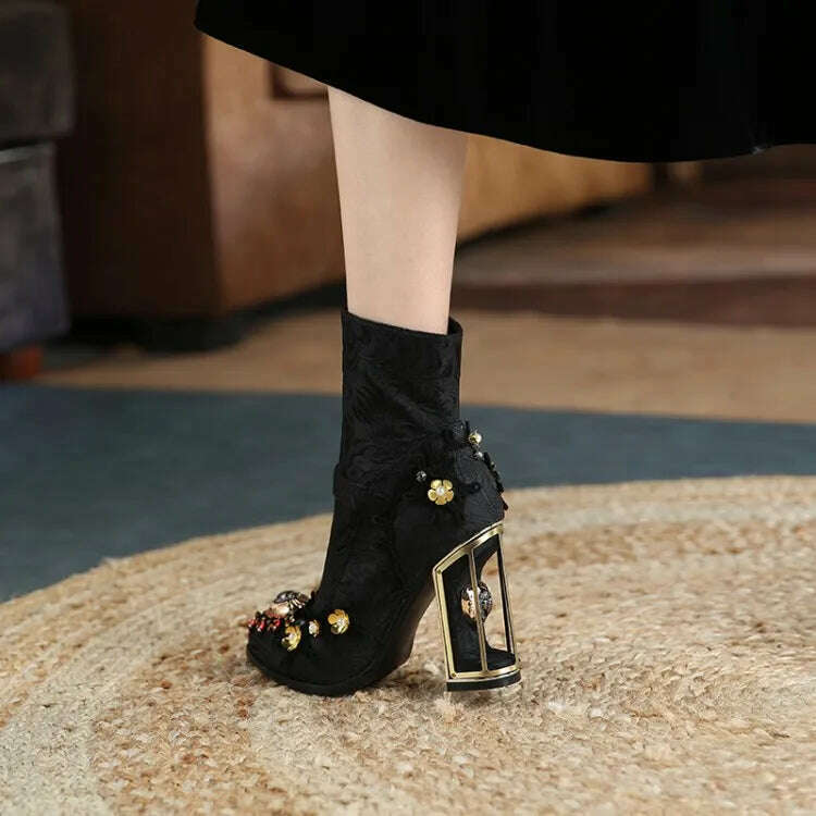 Pearl/Rhinestone Satins Short Boots Waterproof Platform Diamond Decoration Chelsea Short Boots Large 34-43 High Heel Women Shoes - KIMLUD